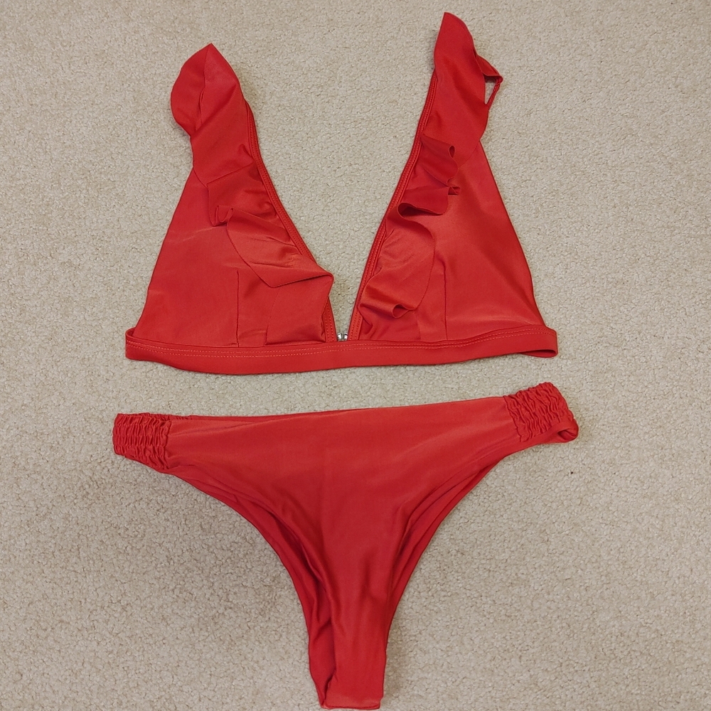 Red Ruffle Bikini Top with Cheeky Bottoms - Medium